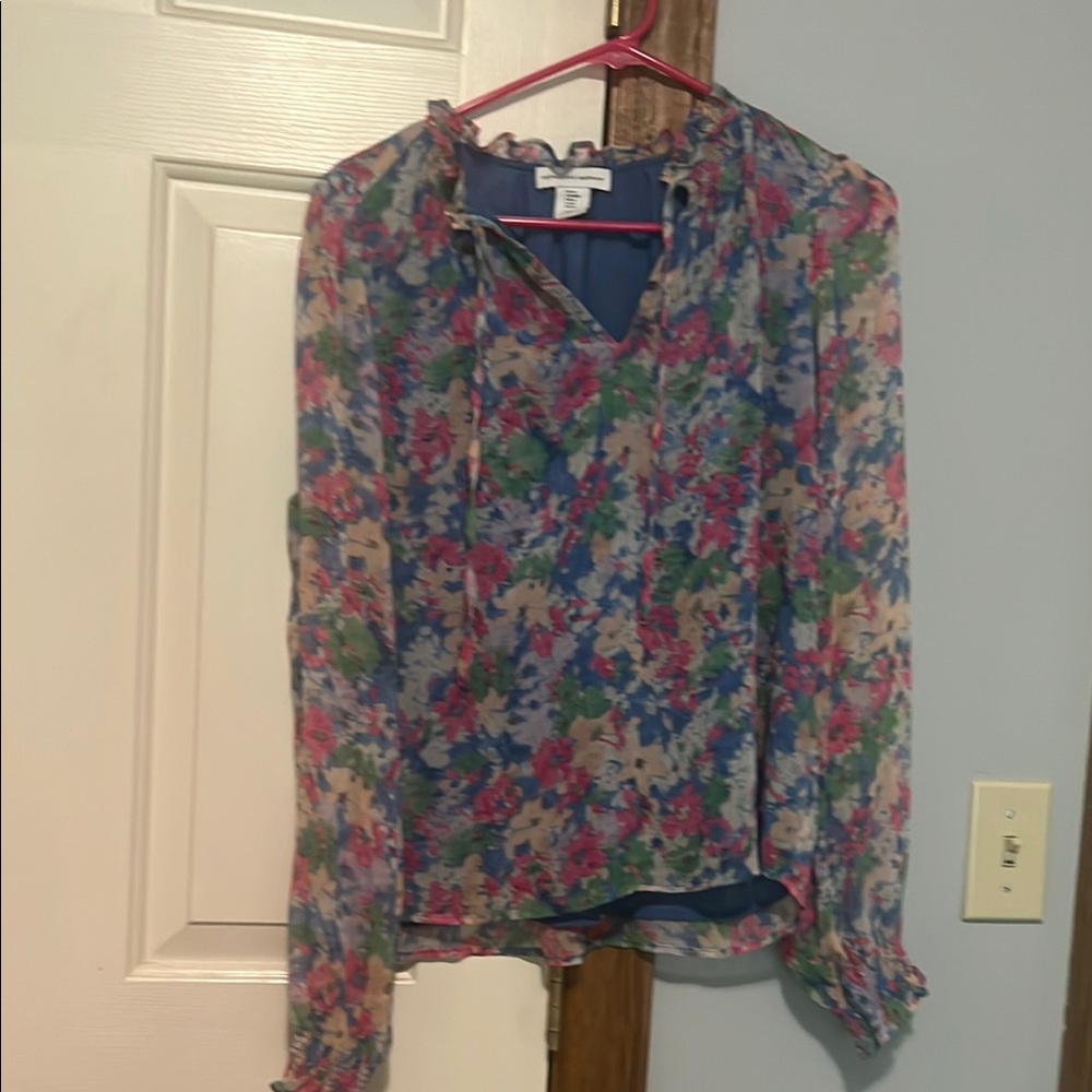 Cupcakes & Cashmere Ruffled Pink and Green Mandarin Collar Blouse